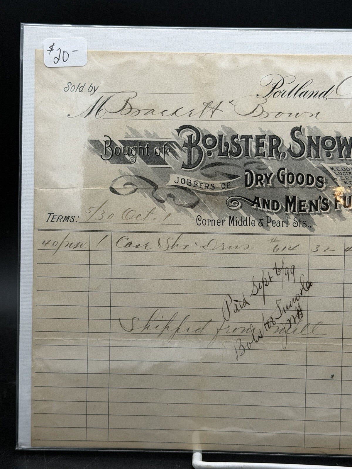 1897 Bolster, Snow and Co. Billhead – Portland ME Dry Goods Men's Furnishings