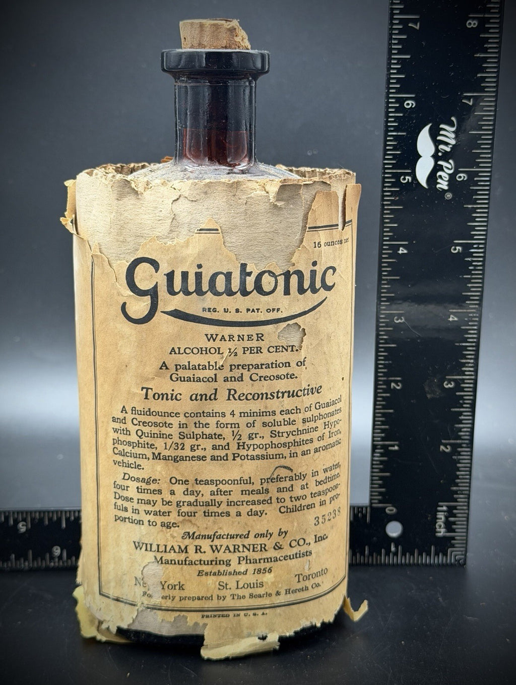 Antique Guiatonic William R Warner Co Medicine Bottle w Original Label