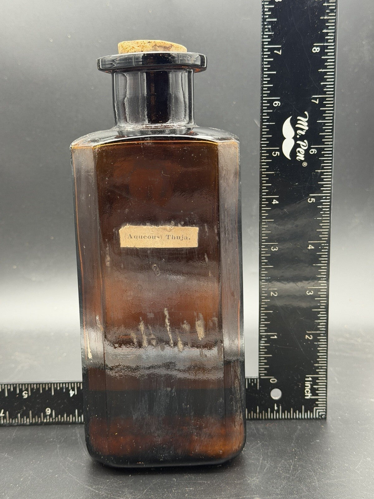 Antique Amber Apothecary Bottle (Aqueous) Thuja Pharmacy Display Jar Cork