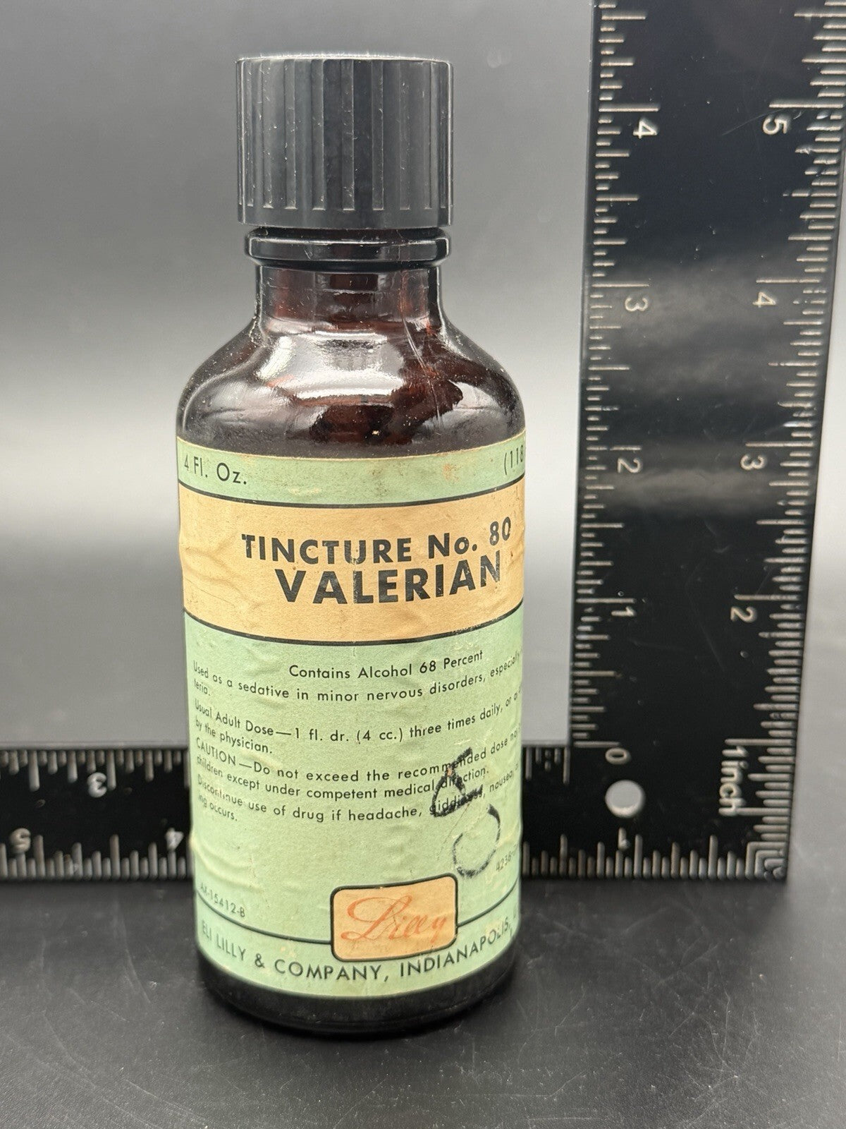 Antique Eli Lilly Tincture No 80 Valerian Amber Bottle Vtg 2/3 Full