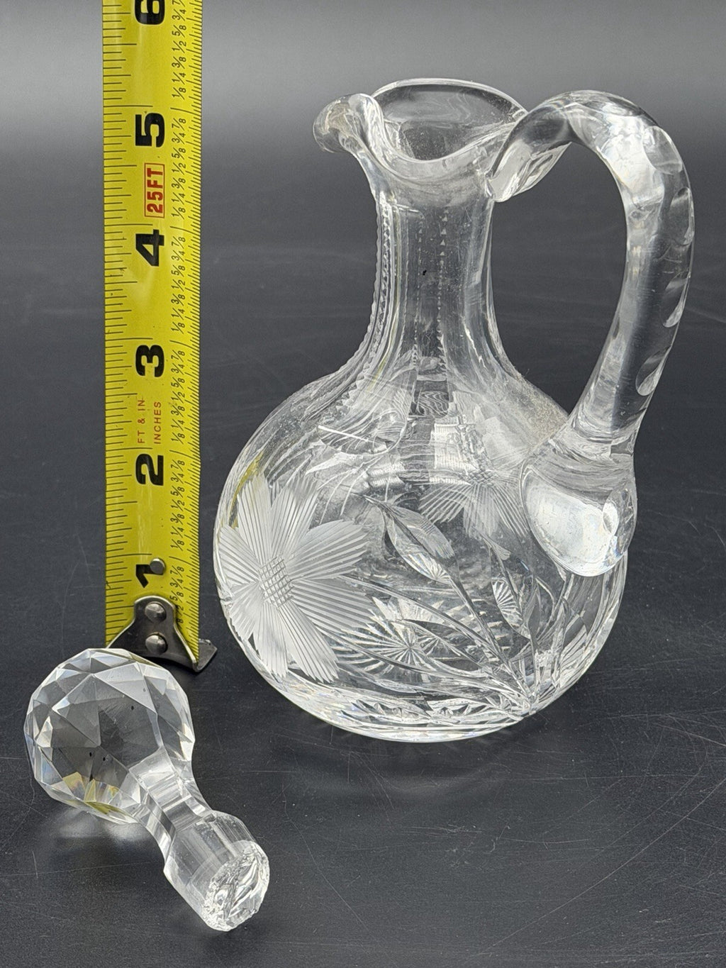 Antique Cut Glass Cruet Bottle Decanter Floral Wheel Cut Faceted Stopper As Is