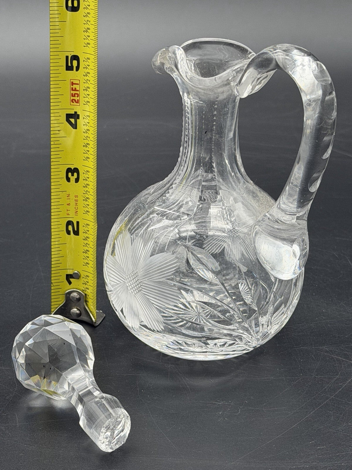 Antique Cut Glass Cruet Bottle Decanter Floral Wheel Cut Faceted Stopper As Is