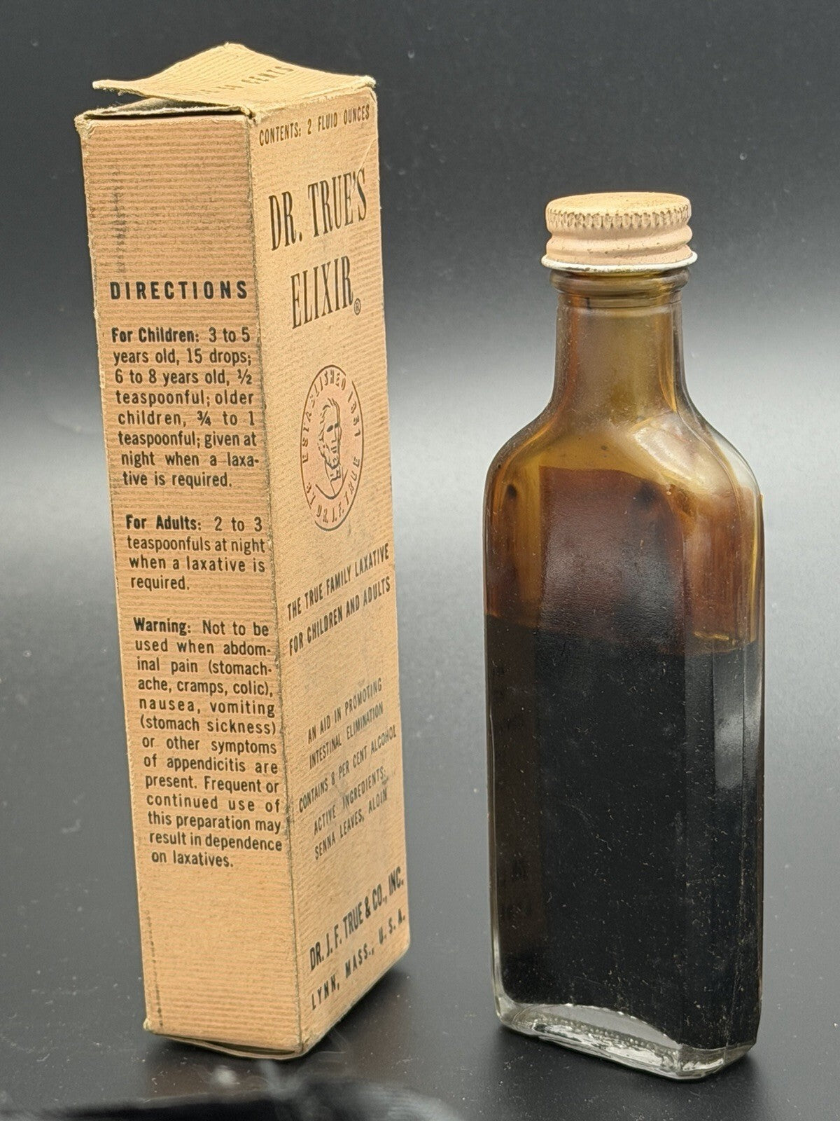 Vintage Dr. True's Elixir Patent Medicine Bottle with Original Box Lynn Mass