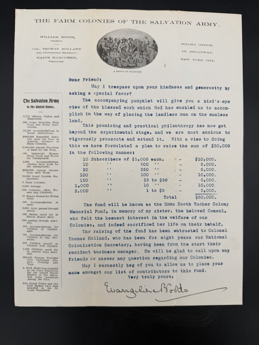 Rare 1900s Signed Evangeline Booth Salvation Army Farm Colony Letter & Stats