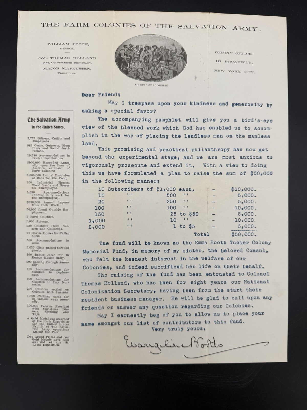Rare 1900s Signed Evangeline Booth Salvation Army Farm Colony Letter & Stats