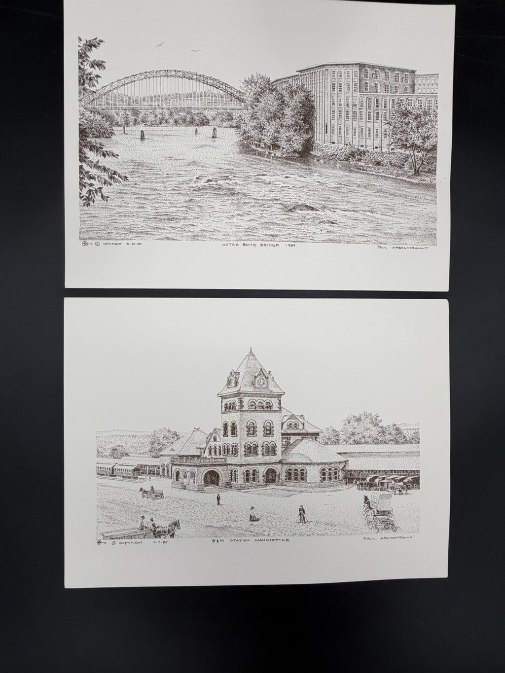 Vintage 1989 Paul Archambault Pen & Ink Art Prints - Manchester NH B&M Station