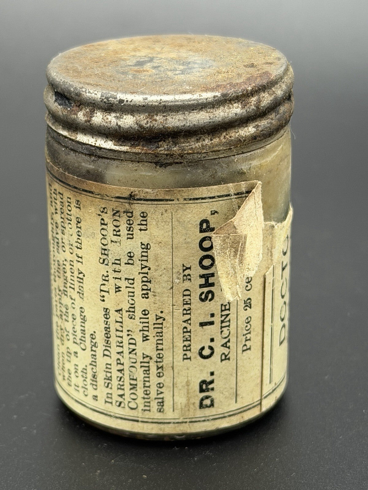 Antique Dr. C.I. Shoop's Green Salve Glass Jar Patent Quack Medicine Racine WI