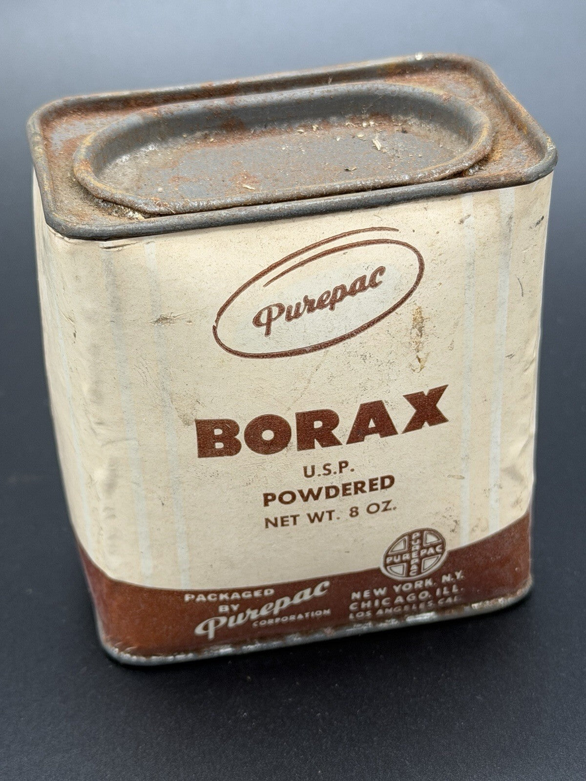 Vintage Purepac Borax U.S.P. Powdered Tin 8 Oz Apothecary Advertising Display