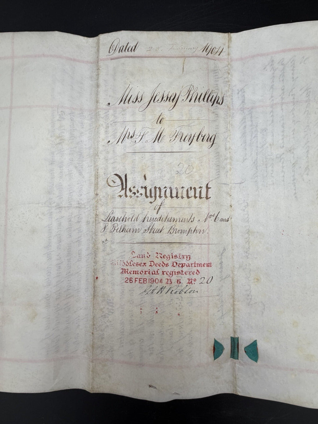 1904 Antique Deed: Kensington, London Property Assignment (Phillips/Freyberg)