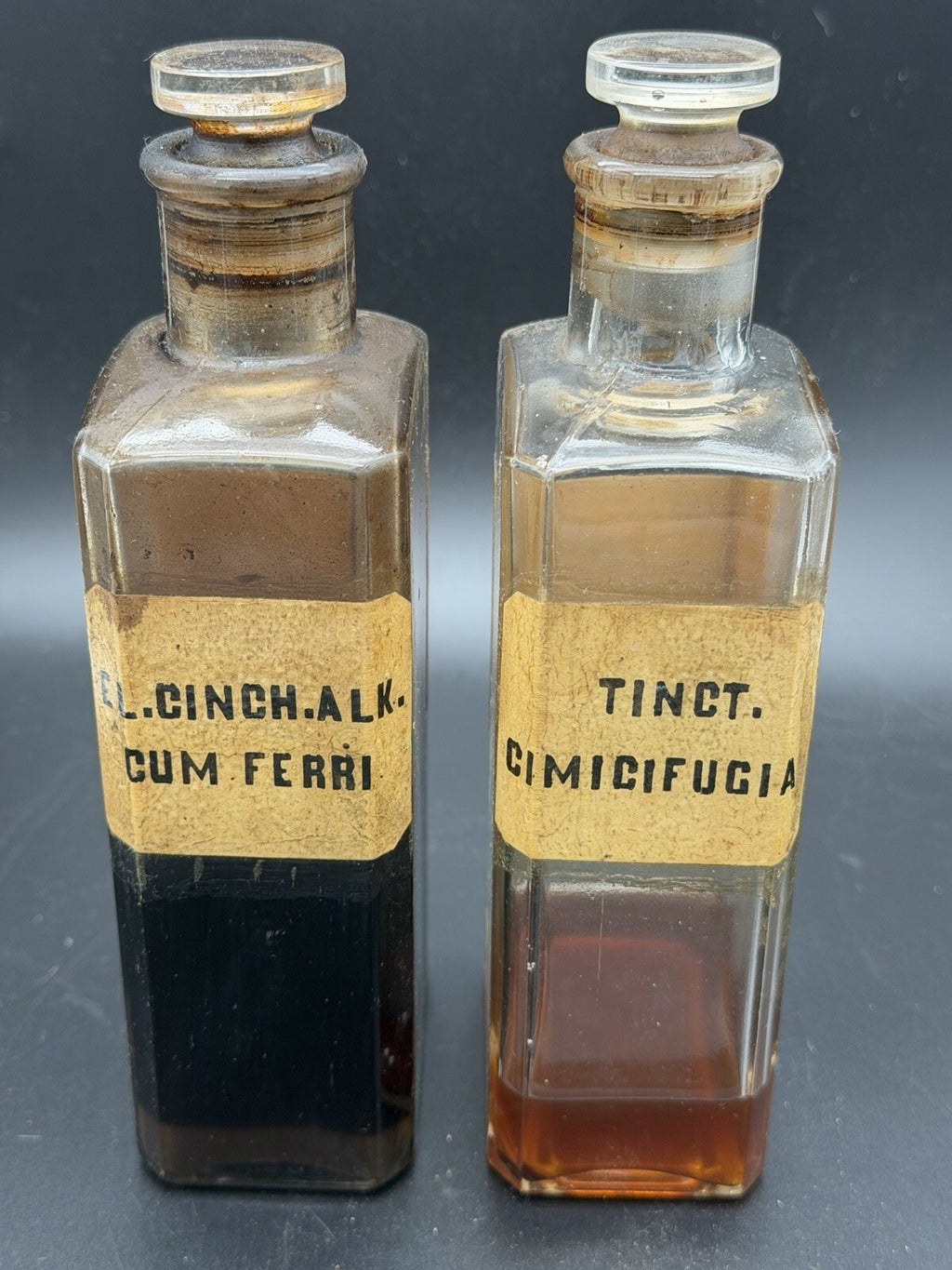 Pair Antique Apothecary Bottles Tincture Cimicifuga & Elixir Cinchona