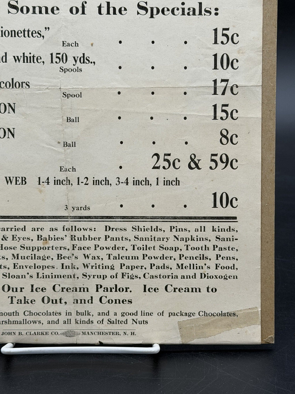 Vintage C.D. Steele & Sons Manchester NH Advertising Broadside Notions Ice Cream