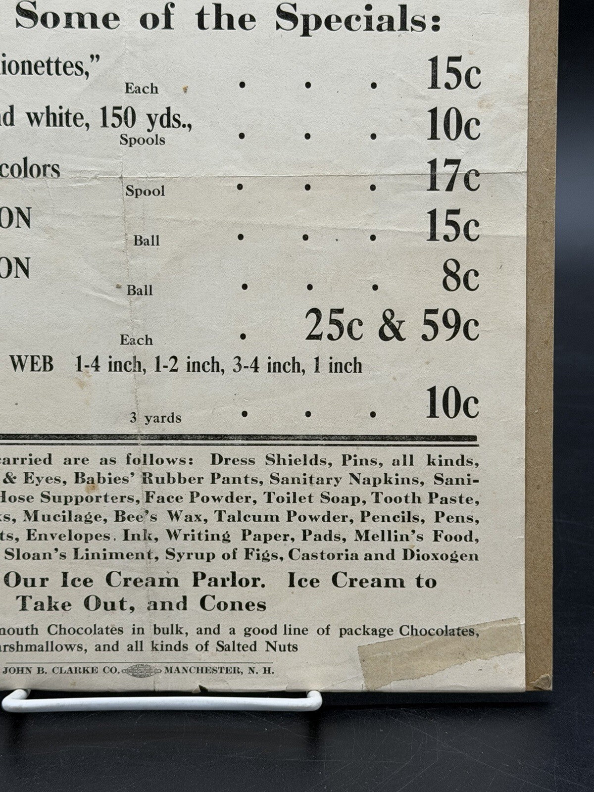Vintage C.D. Steele & Sons Manchester NH Advertising Broadside Notions Ice Cream