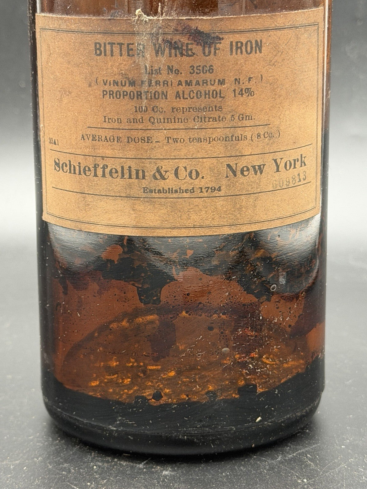 Antique Amber Apothecary Bottle Bitter Wine of Iron Schieffelin New York Medical