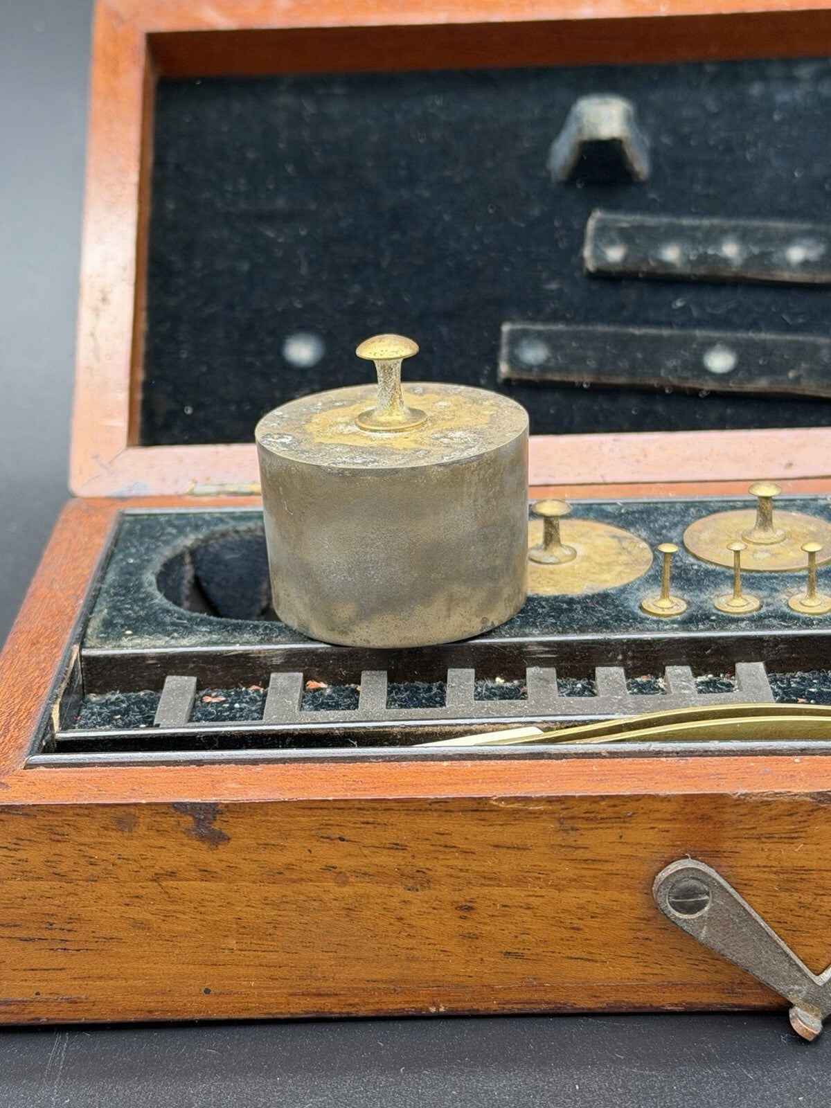 Antique Brass Apothecary Scale Weight Set Partial Wooden Box Assay Parts