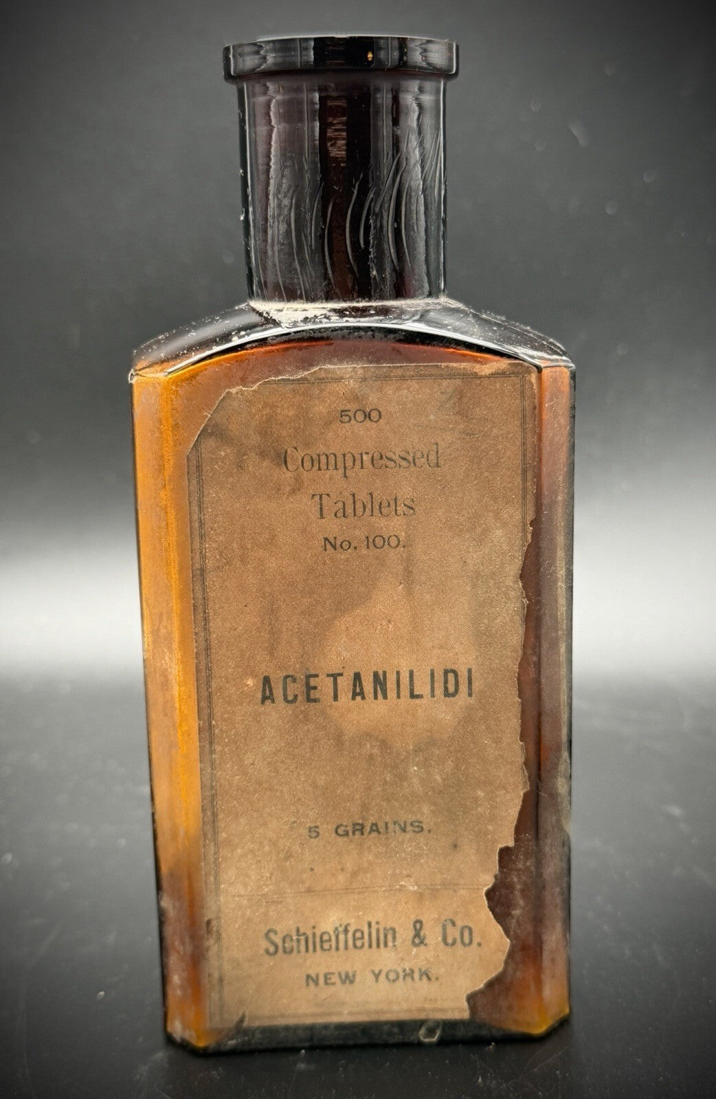 Antique Schieffelin and Co. Acetanilide Amber Glass Bottle w Label Quack Medicine