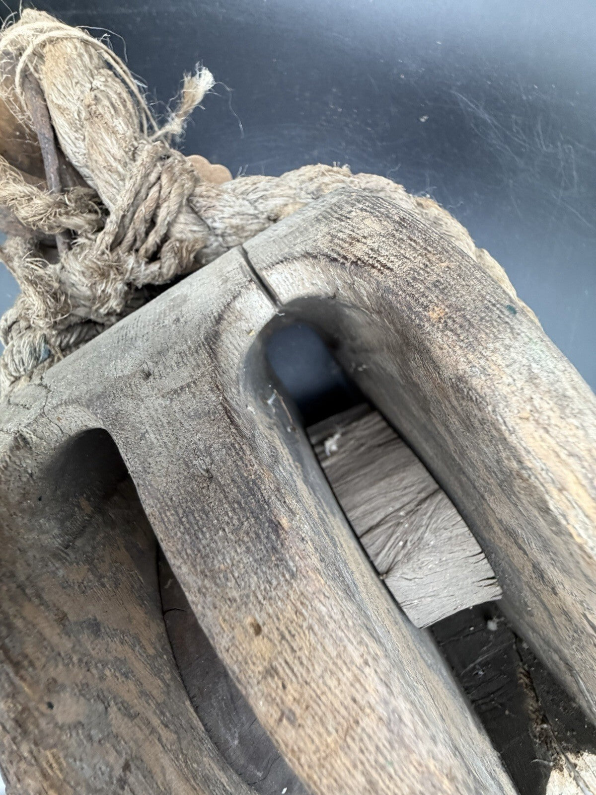 Antique Rope Stropped Wooden Double Pulley Block Forged Iron Hook Barn Salvage