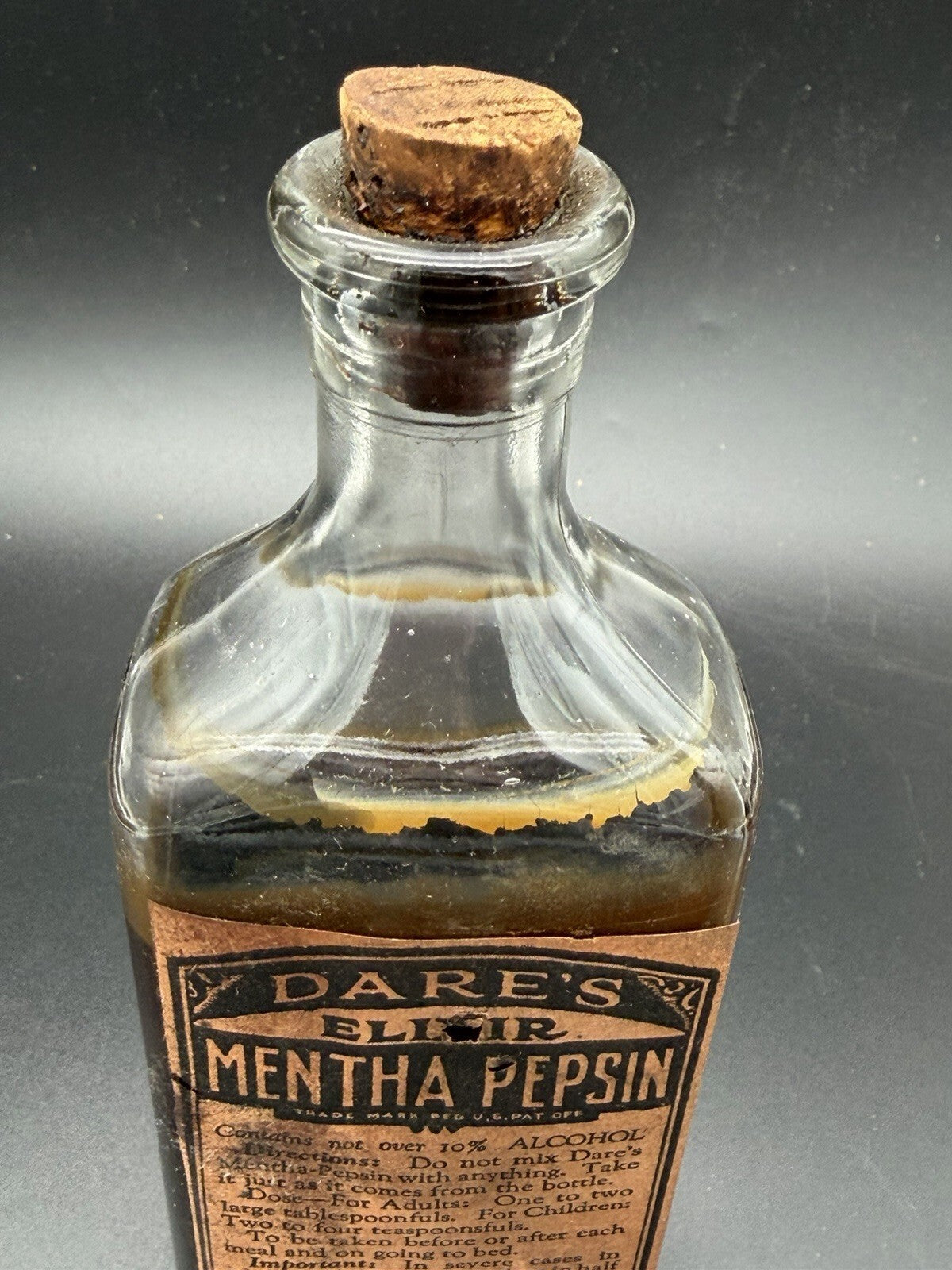 Antique Dare's Elixir Mentha Pepsin Medicine Bottle Rochester NY Full Label Cork