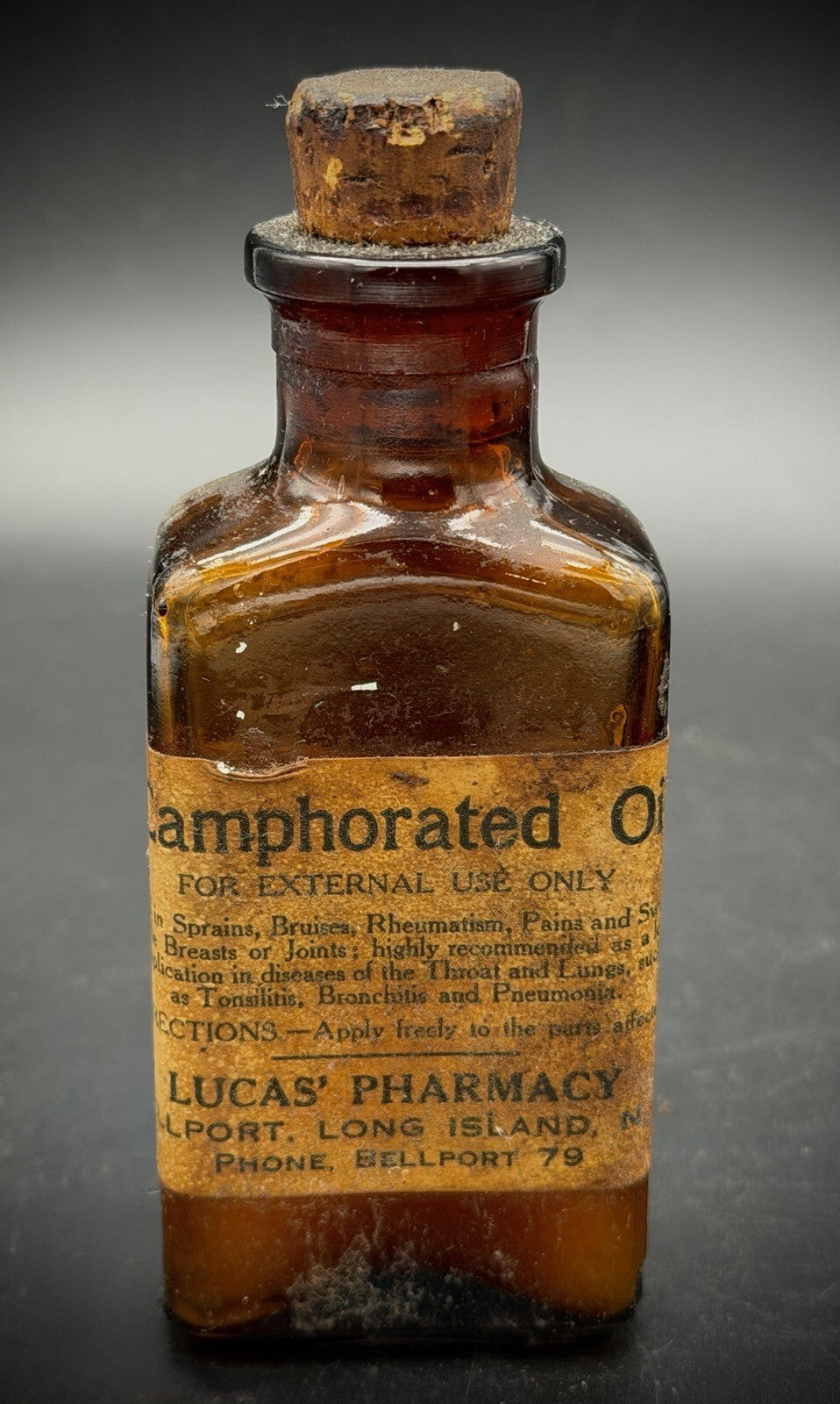 Antique Lucas' Pharmacy Camphorated Oil Amber Glass Bottle Bellport NY Cork