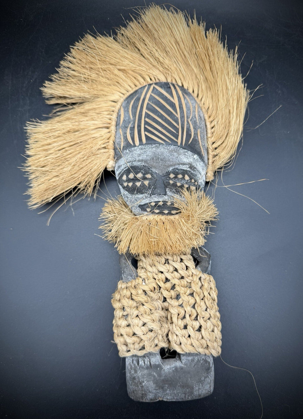 Vintage African Barotse Society Carved Wood Figure Raffia Zambesi Ritual Mask