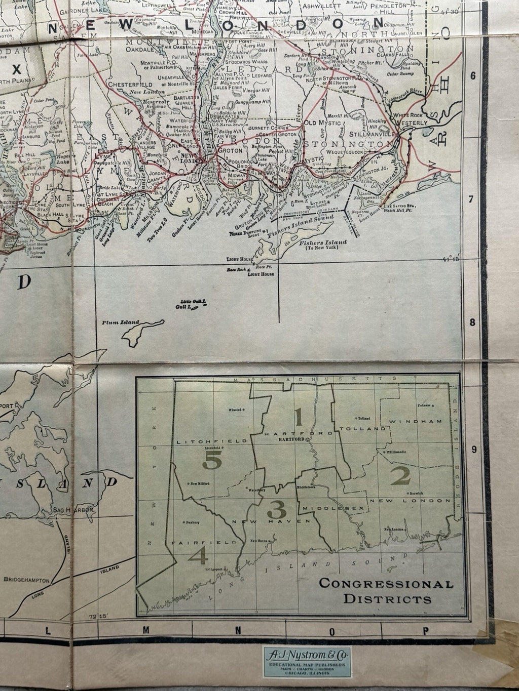 Antique 1910s National Map Co. Connecticut Large Wall Map - A.J. Nystrom & Co.