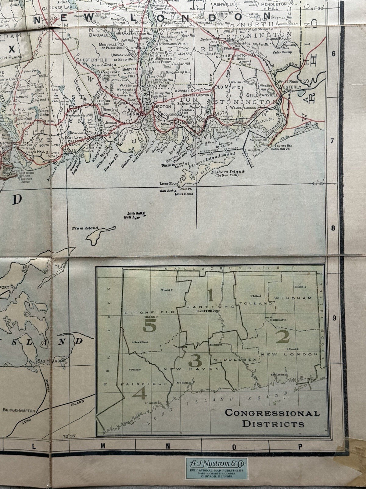 Antique 1910s National Map Co. Connecticut Large Wall Map - A.J. Nystrom & Co.