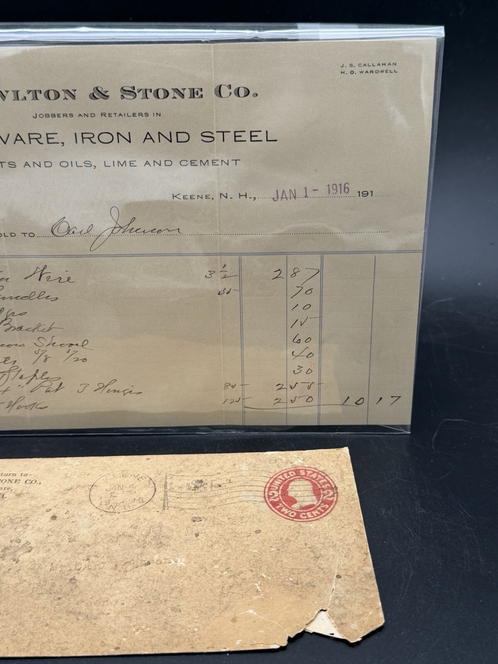 1916 Knowlton and Stone Co. Invoice & Envelope – Keene NH Hardware Ephemera