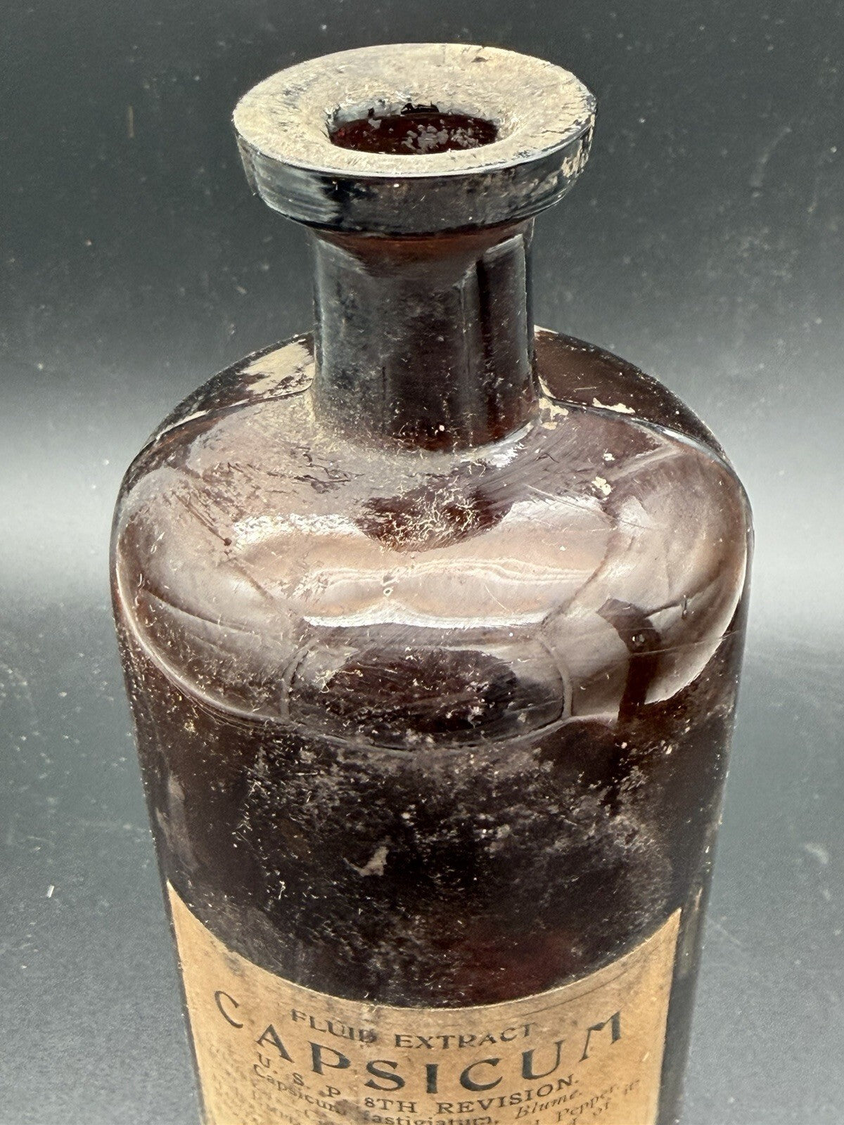 Antique F.A. Thompson Capsicum Amber Glass Apothecary Bottle Detroit Label