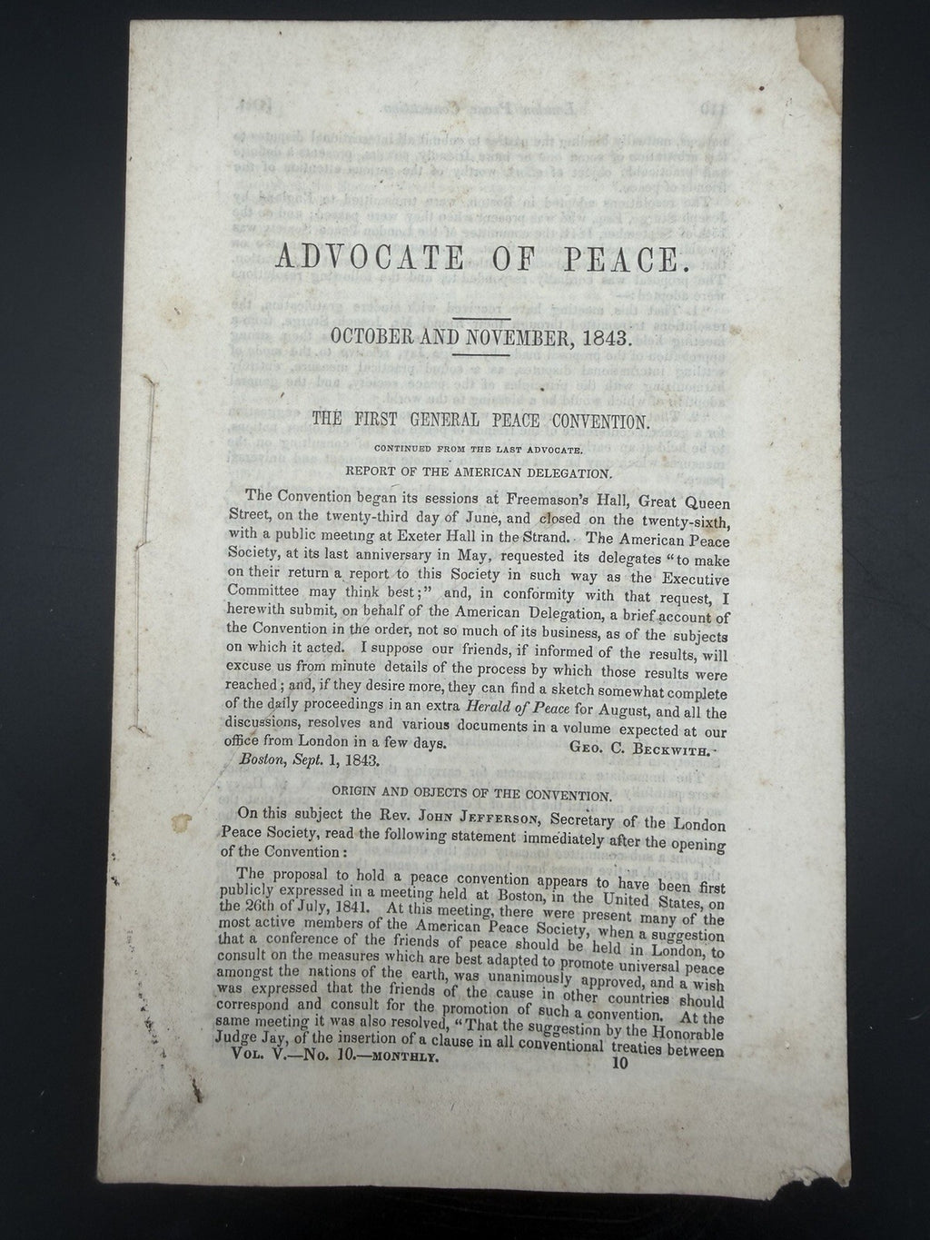 1843 Advocate of Peace London Peace Convention Report Antique Ephemera Political