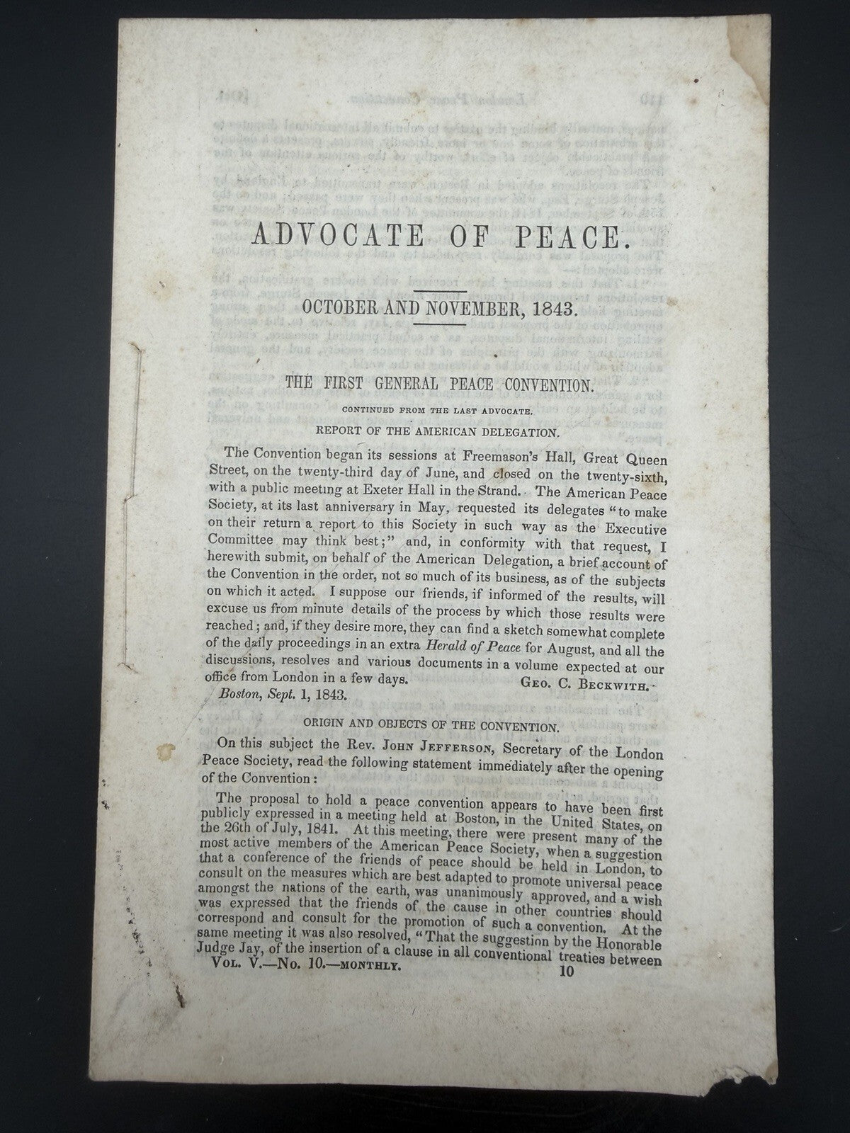 1843 Advocate of Peace London Peace Convention Report Antique Ephemera Political