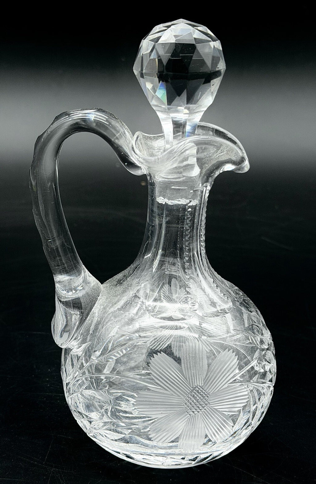 Antique Cut Glass Cruet Bottle Decanter Floral Wheel Cut Faceted Stopper As Is