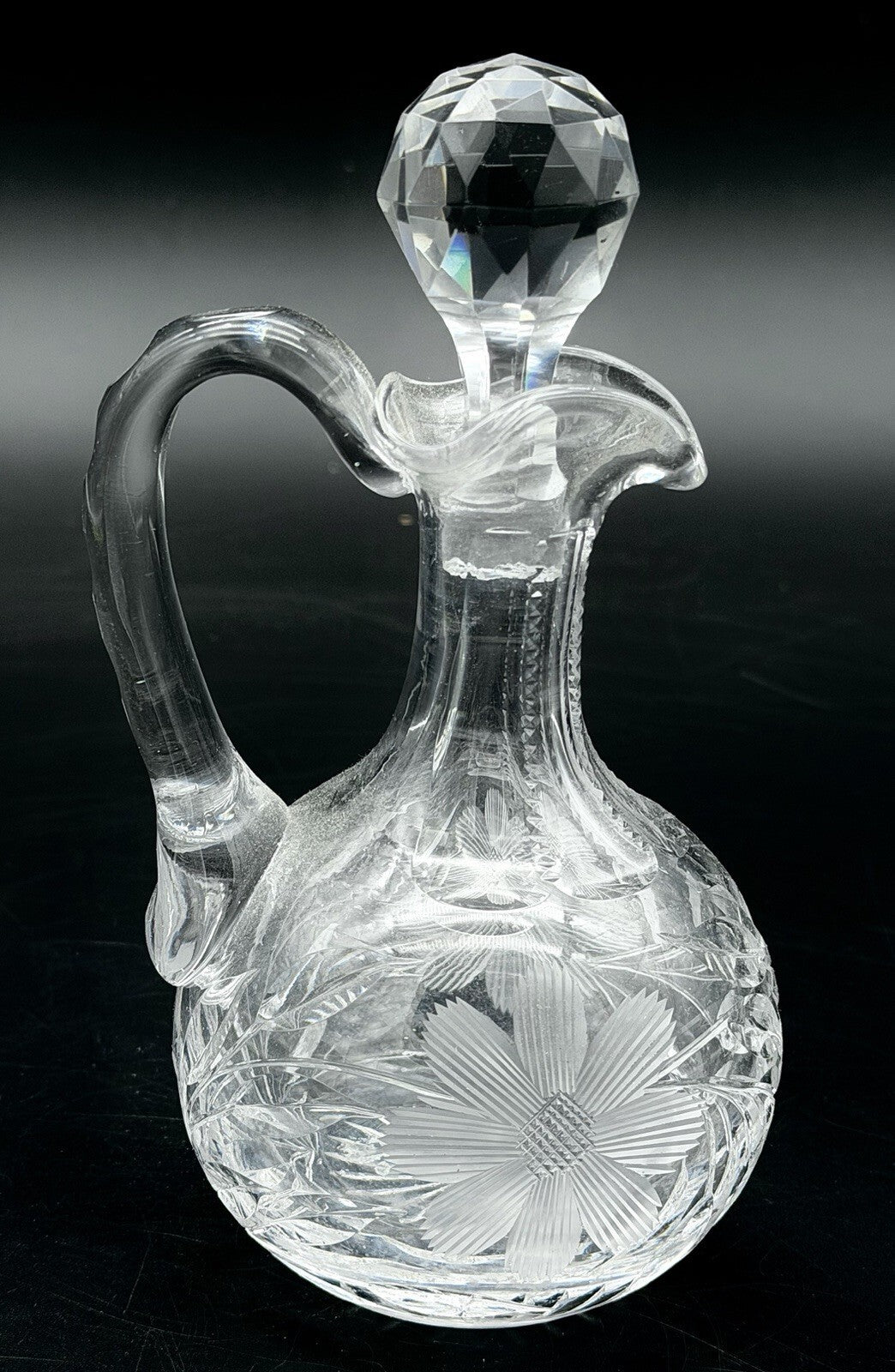 Antique Cut Glass Cruet Bottle Decanter Floral Wheel Cut Faceted Stopper As Is