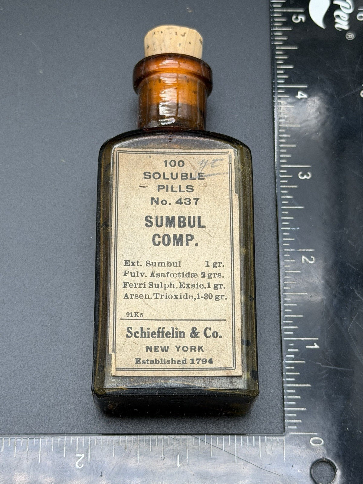 Vintage Schieffelin & Co. Soluble Pills No. 437 Sumbul Comp. Amber Glass Bottle