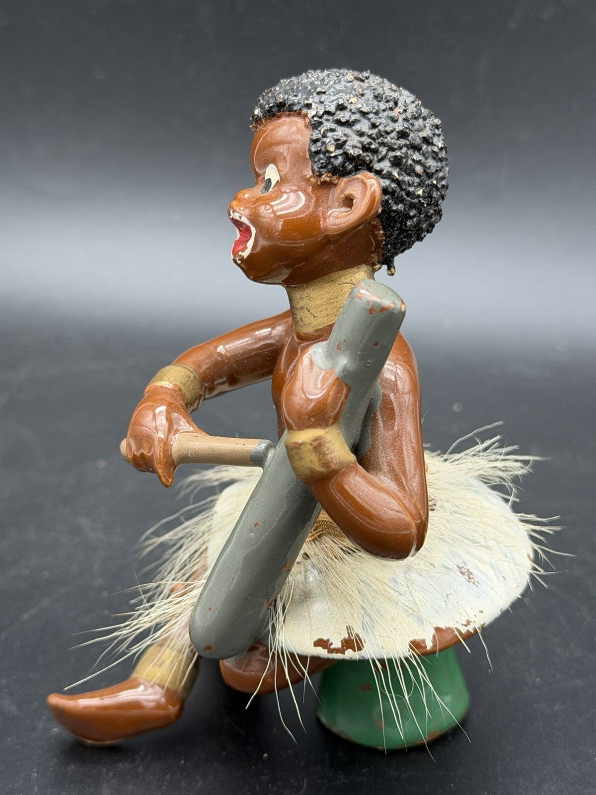 Vintage Mid Century Islander Musician Figurine Grass Skirt Playing Drum Tiki
