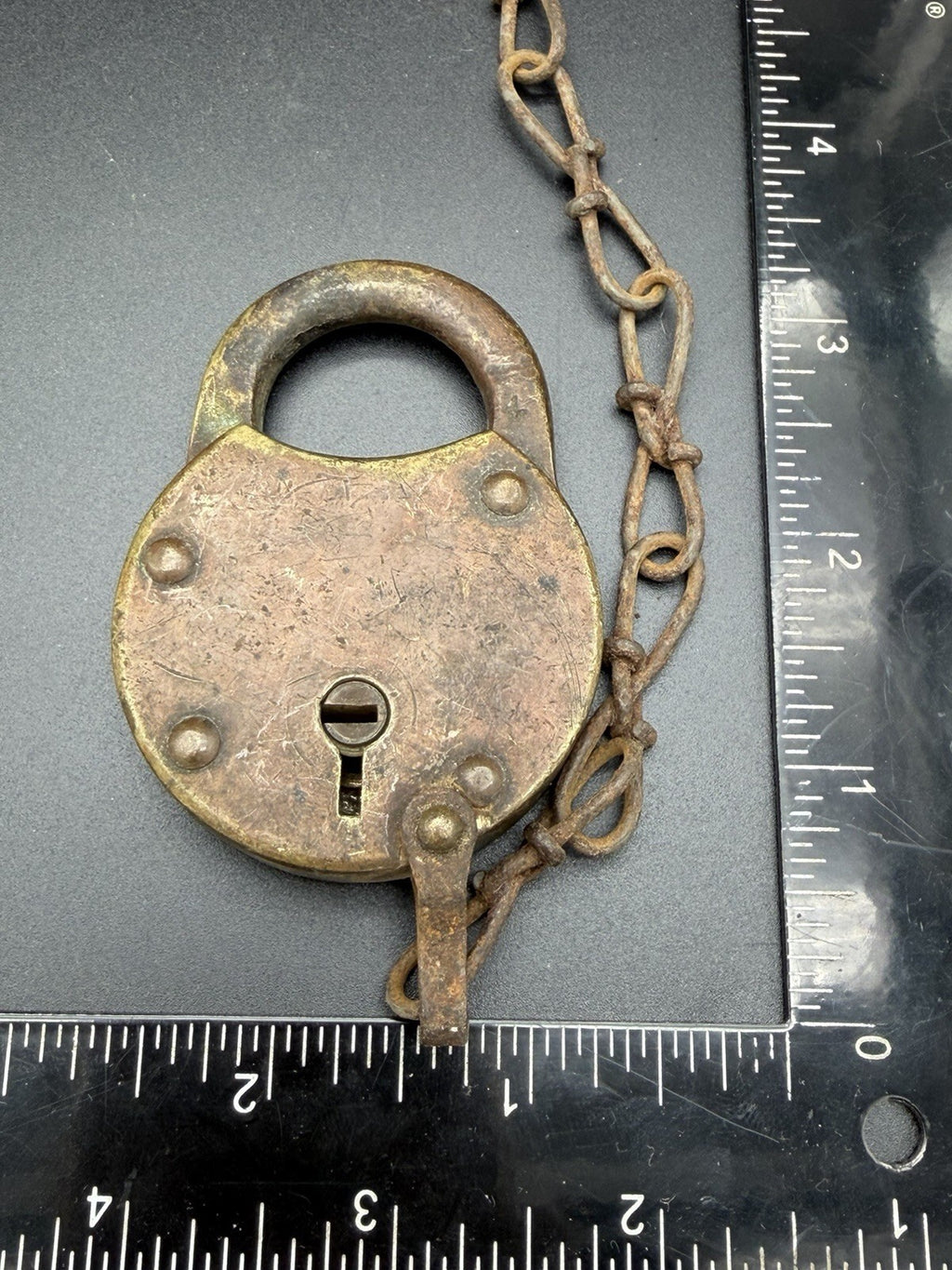 Antique Brass Padlock With Heavy Iron Chain Vintage Security Hardware Lock