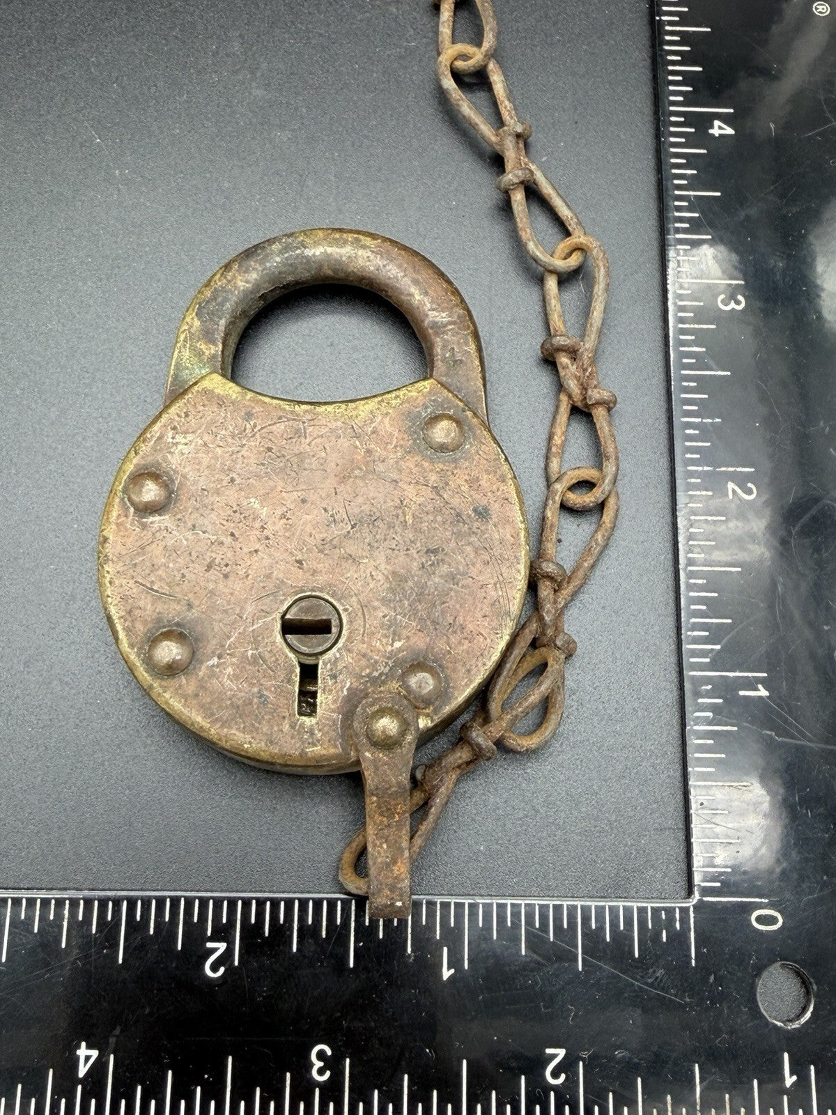 Antique Brass Padlock With Heavy Iron Chain Vintage Security Hardware Lock