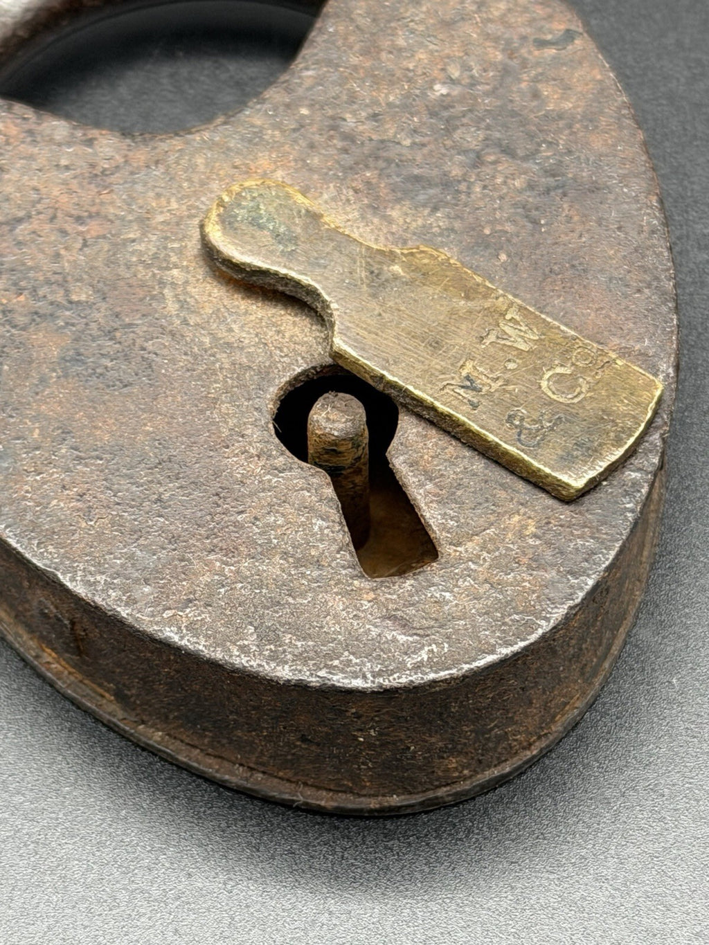 Antique Iron Heart Padlock w/ Brass Tag M.W. & Co. 19th Century Industrial Lock