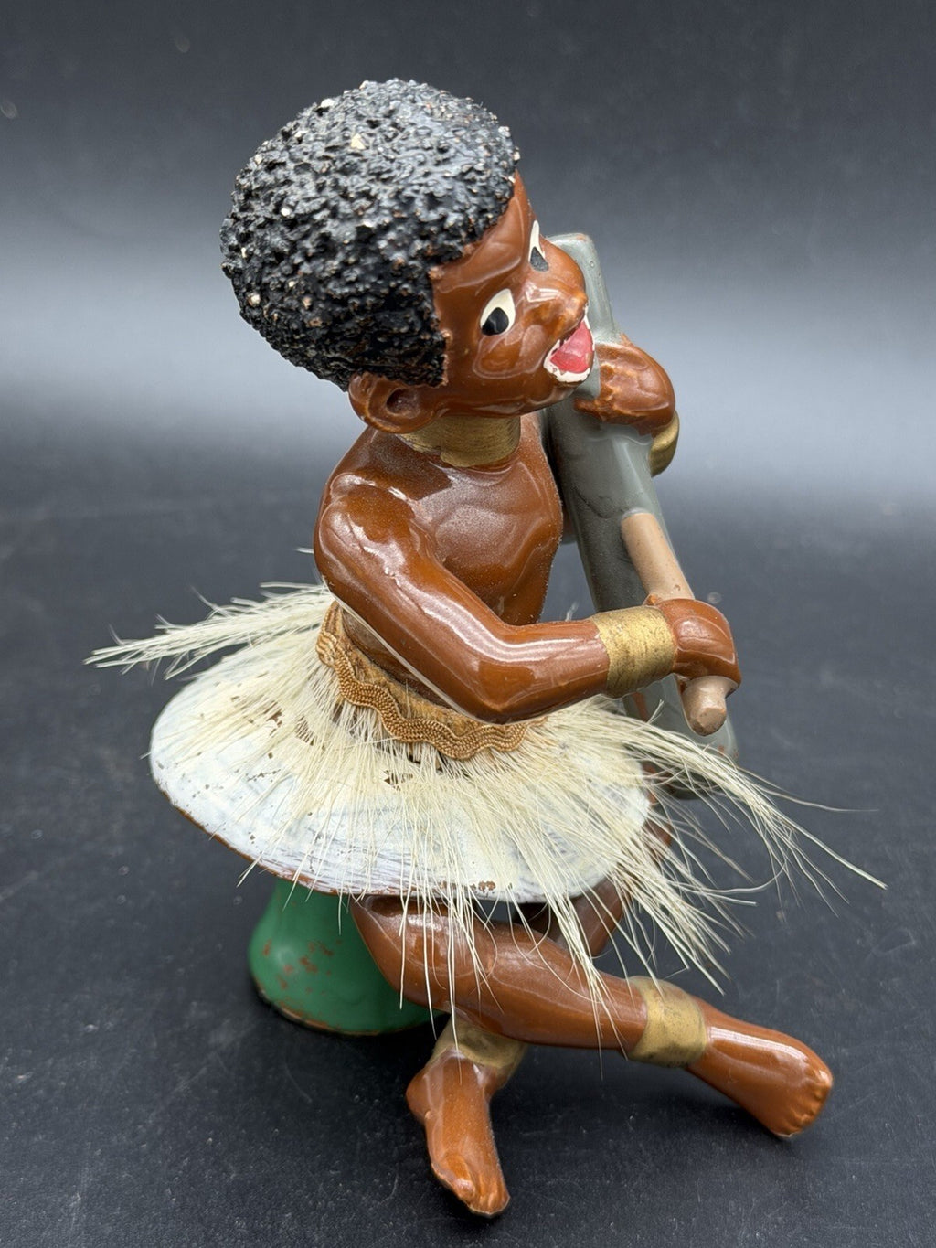 Vintage Mid Century Islander Musician Figurine Grass Skirt Playing Drum Tiki