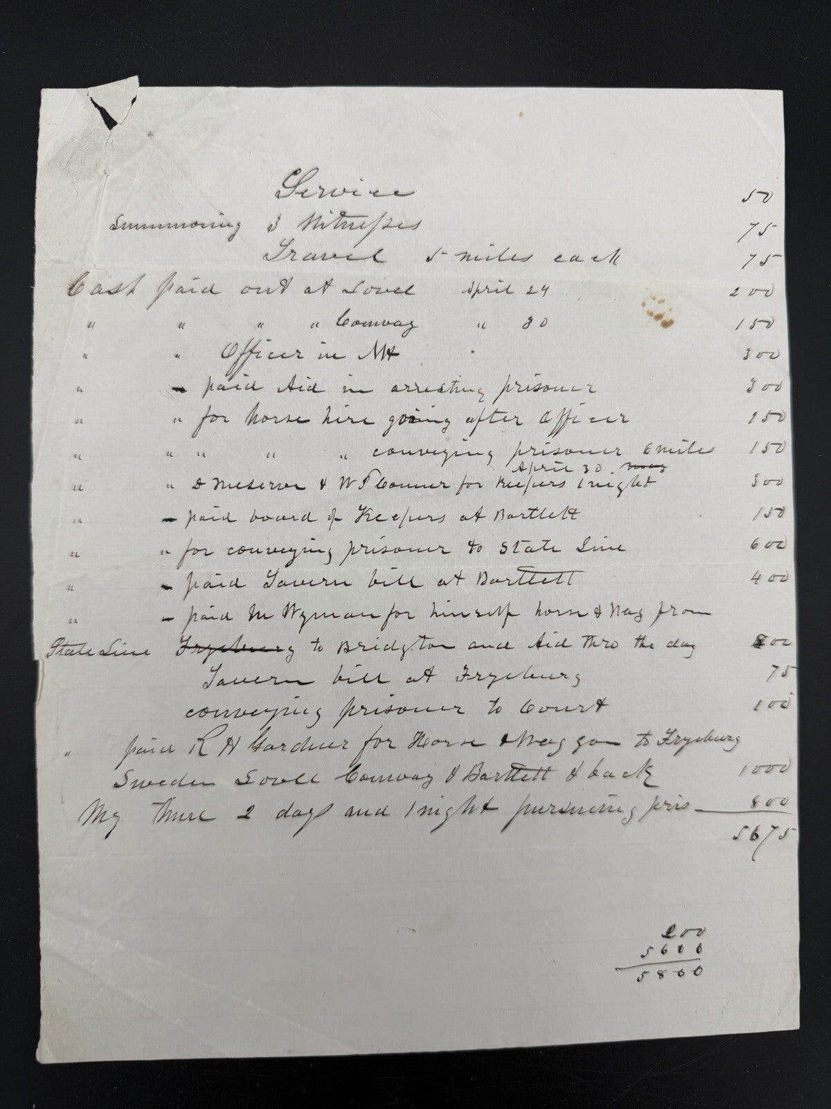 19th C. Manuscript Expense Account: Prisoner Pursuit, New England Towns Ephemera
