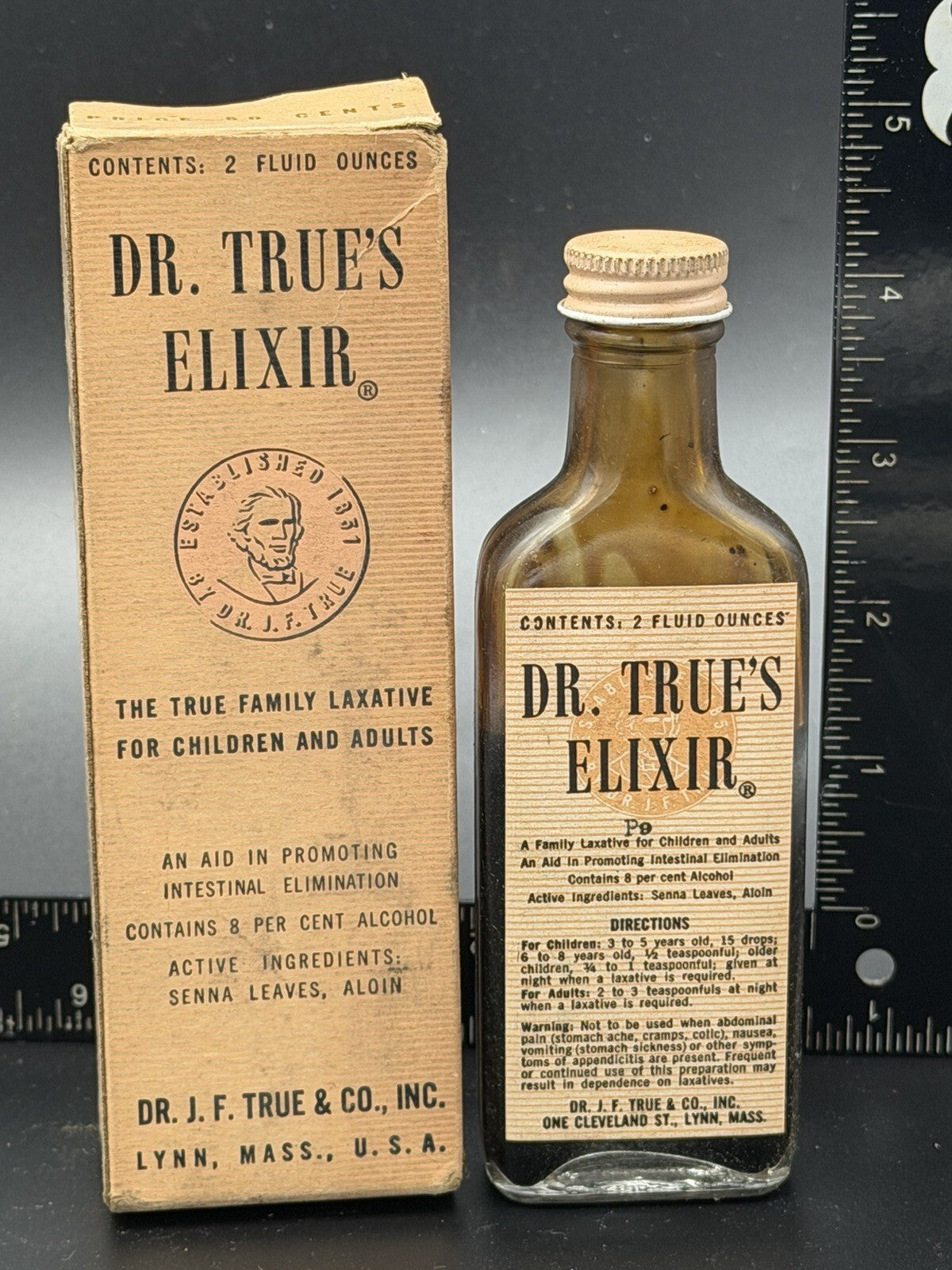 Vintage Dr. True's Elixir Patent Medicine Bottle with Original Box Lynn Mass