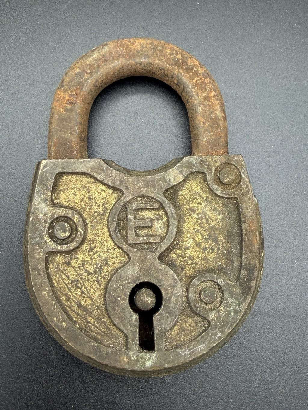 Vintage Antique Brass and Iron Padlock "E" Logo Heavy Duty Hardware Collectible