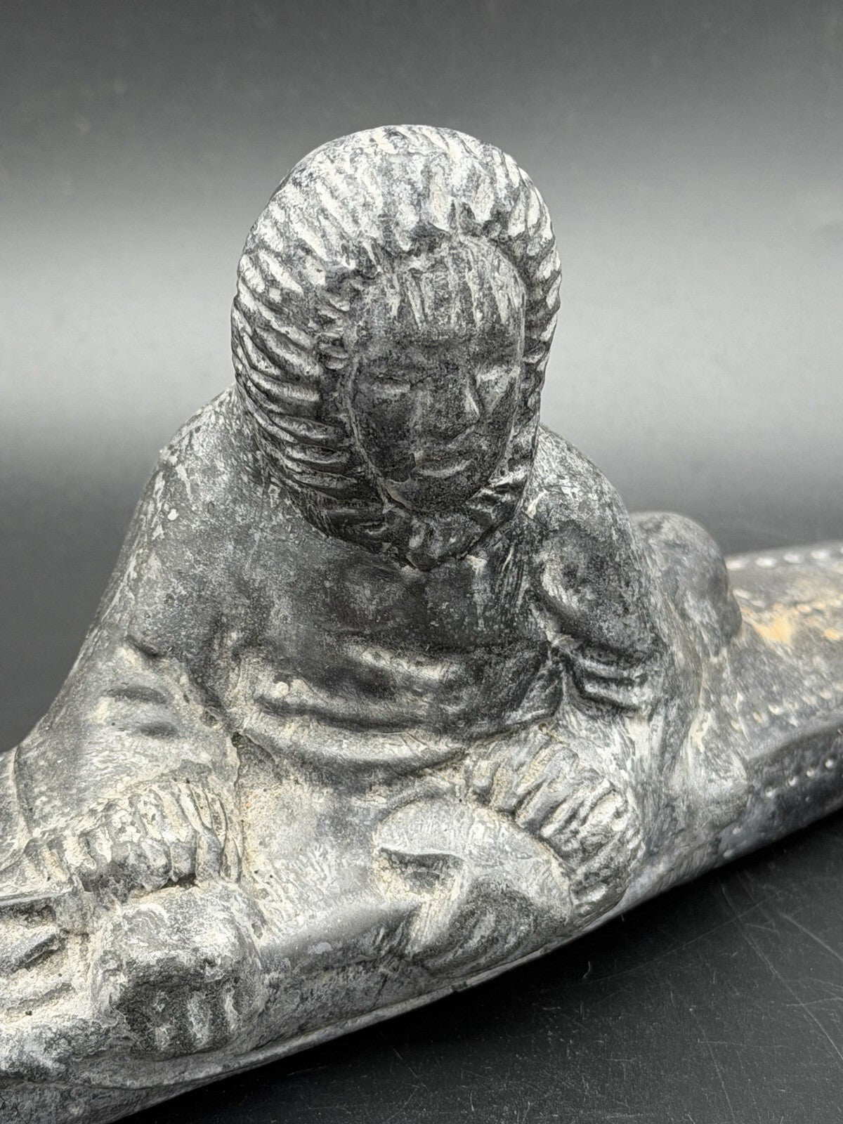 Vintage Inuit Style Soapstone Carving Eskimo Hunter in Kayak Sculpture