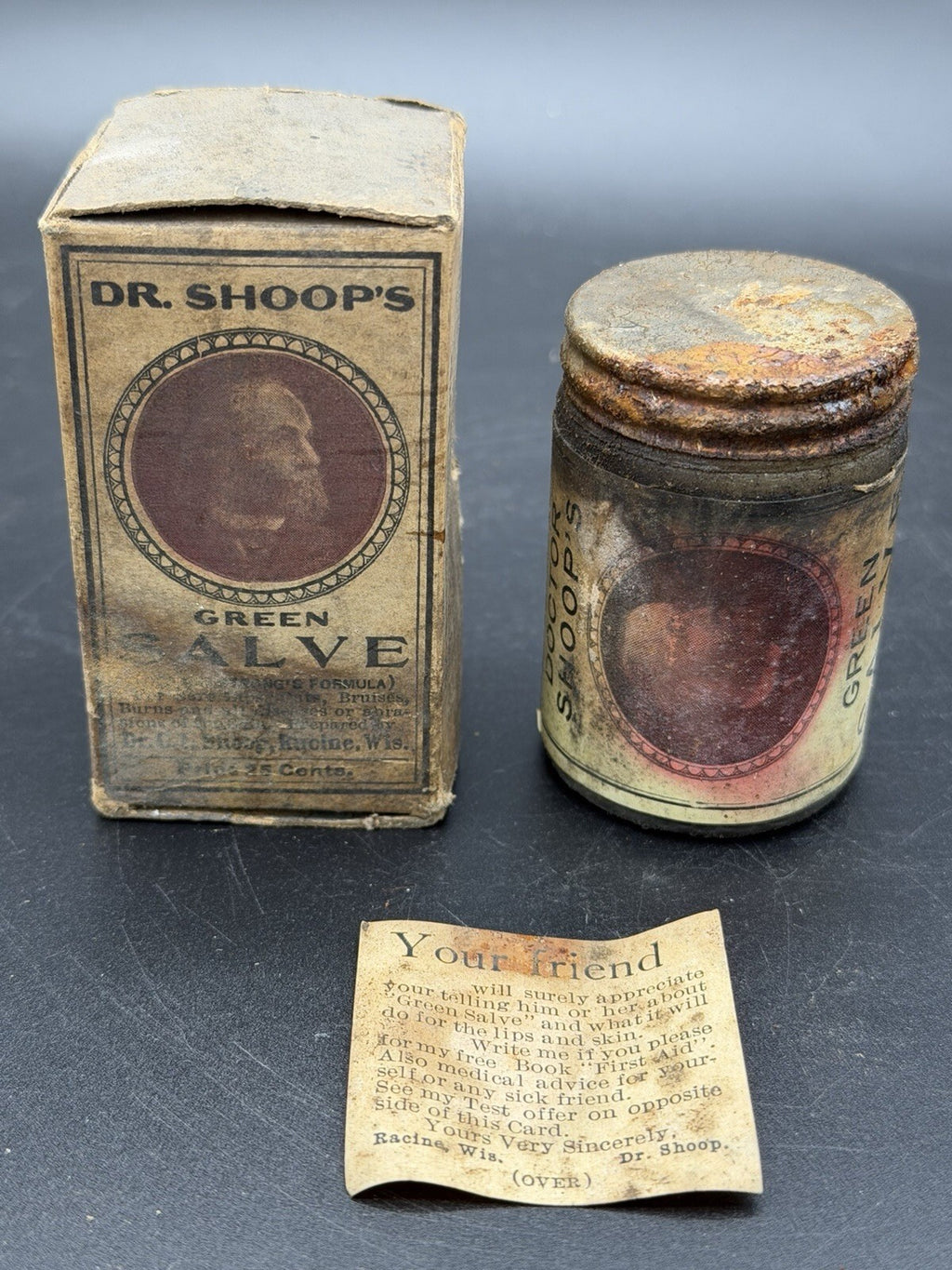 Antique Dr. Shoop's Green Salve Tin w/ Original Box & Insert Card Racine Wis