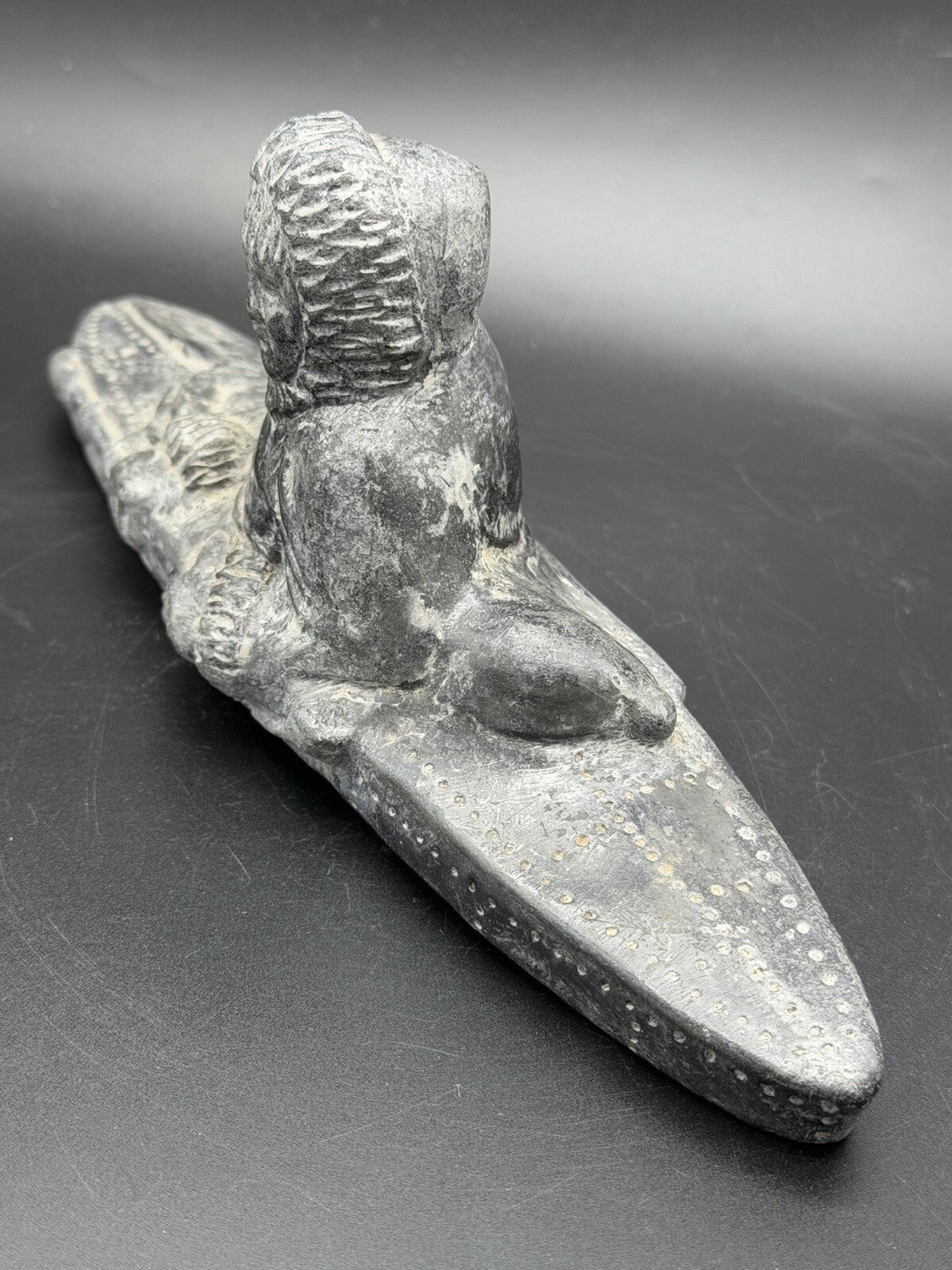 Vintage Inuit Style Soapstone Carving Eskimo Hunter in Kayak Sculpture