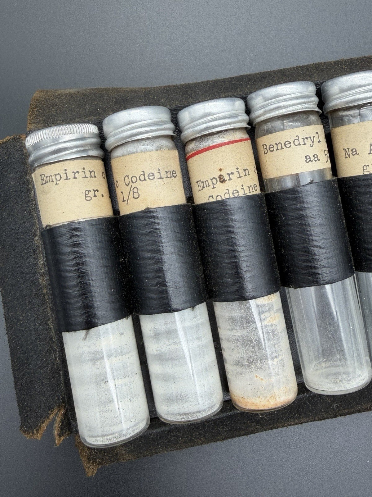 Antique Doctor Medicine Kit Leather Apothecary Travel Case Glass Vials Set