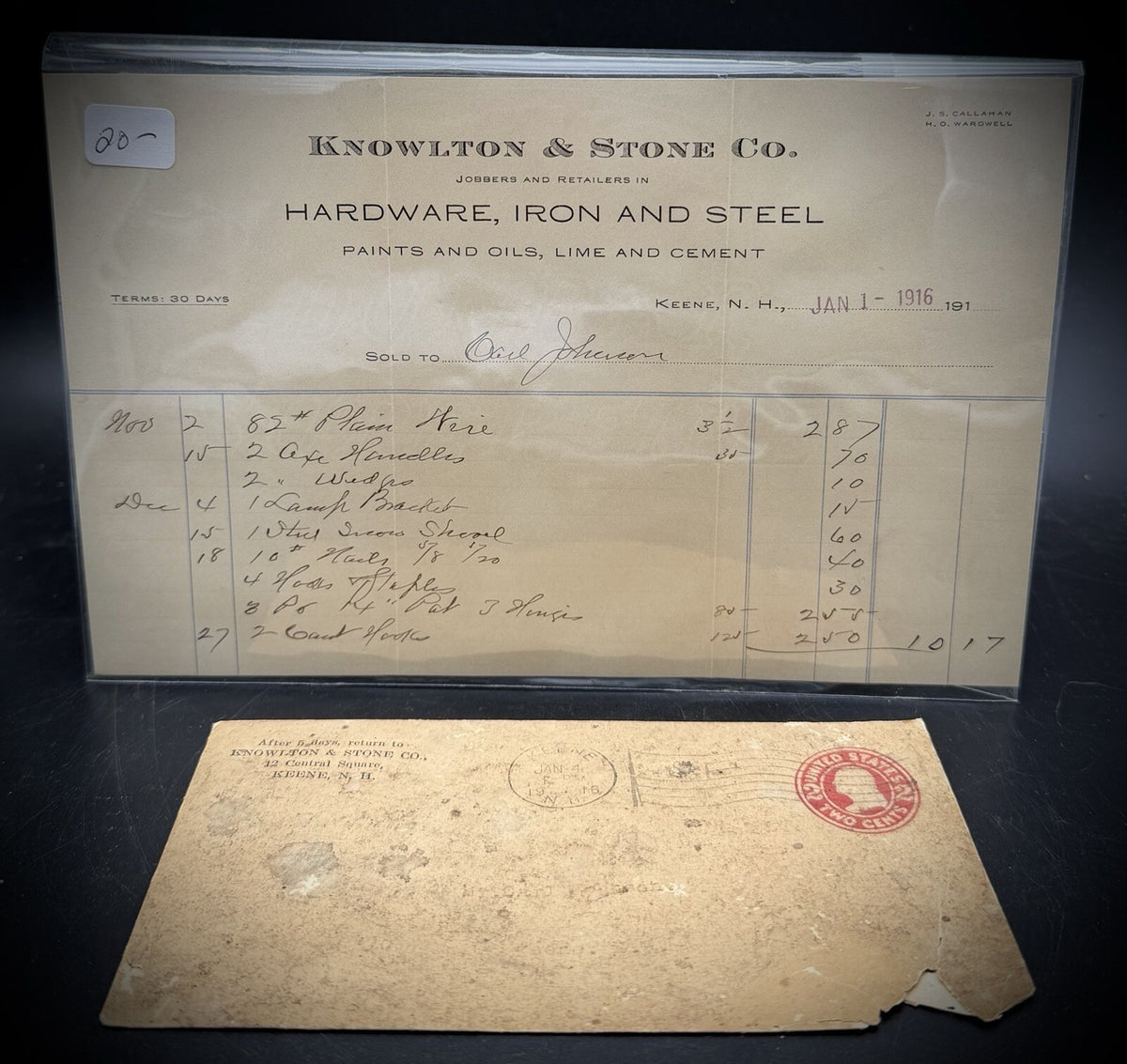 1916 Knowlton and Stone Co. Invoice & Envelope – Keene NH Hardware Ephemera
