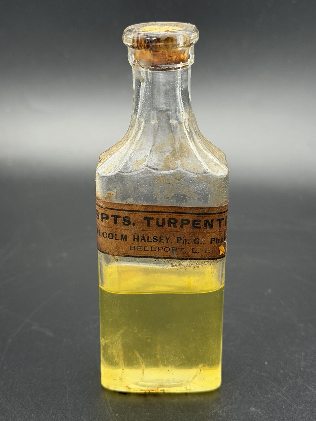 Antique Apothecary Bottle Malcolm Halsey Bellport LI Spirits Turpentine Cork