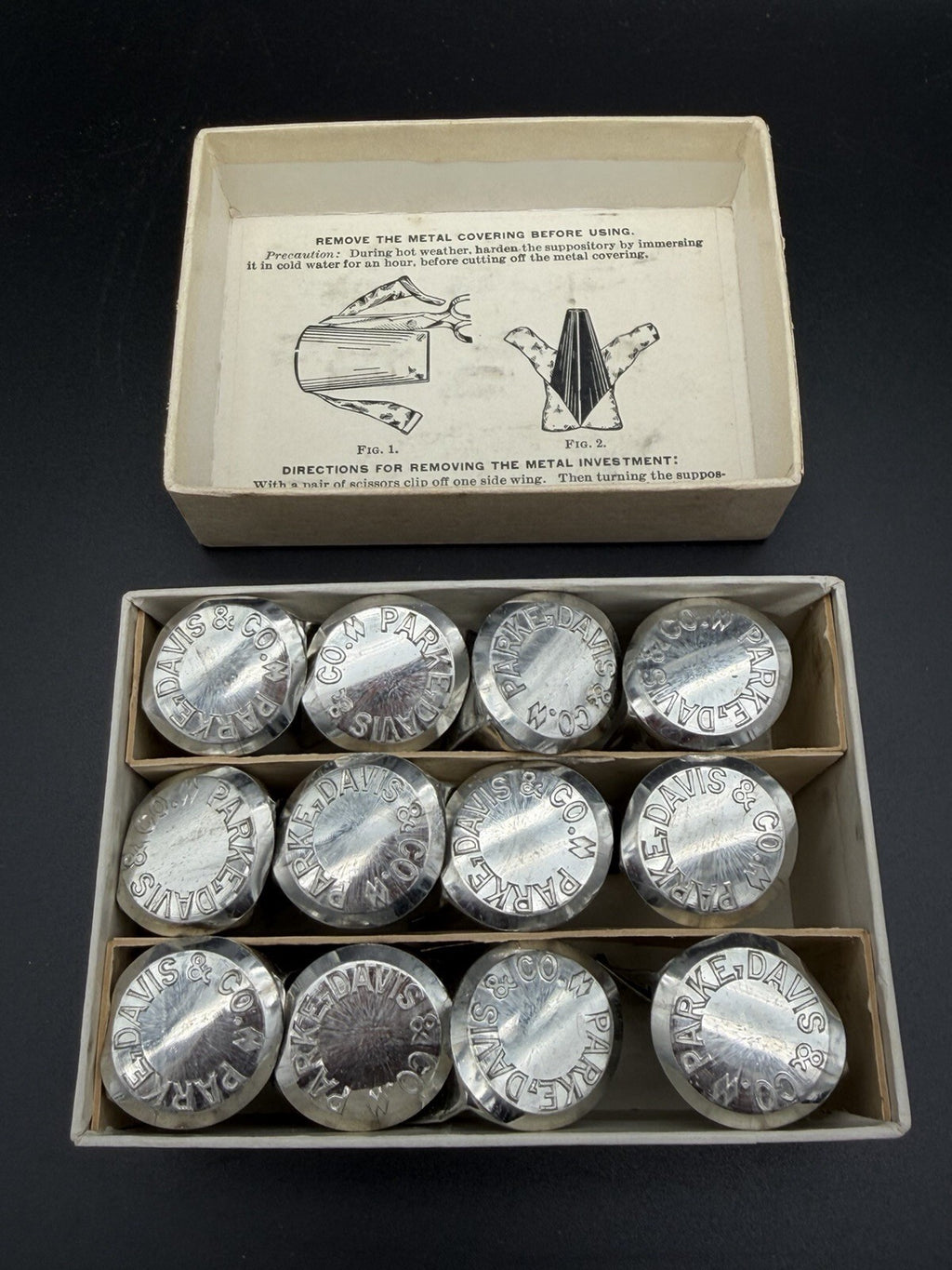 Antique Parke Davis and Co. Metal Foil Suppository Box with Inserts