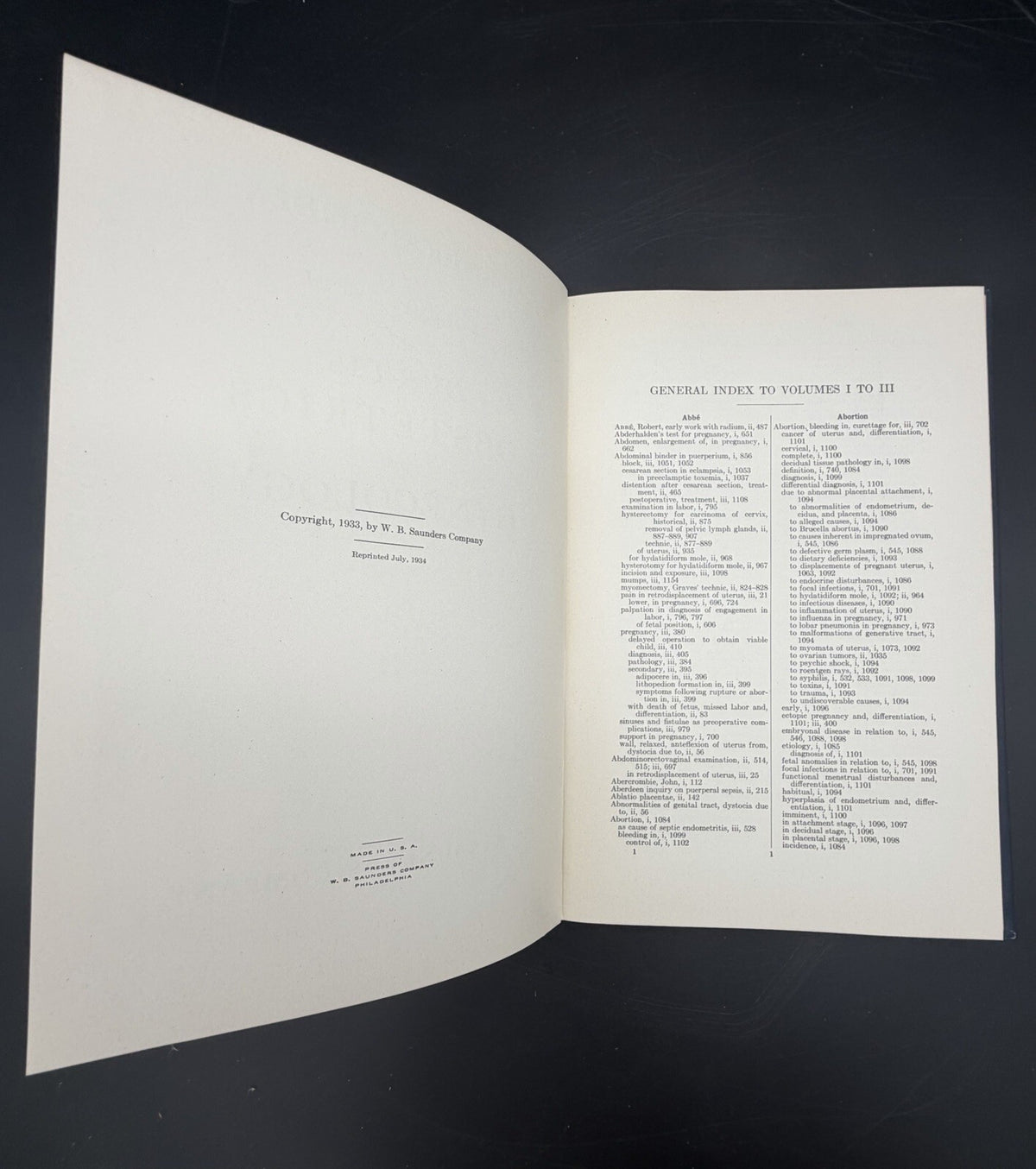 1934 General Index to Curtis Obstetrics and Gynecology Volumes I to III Medical