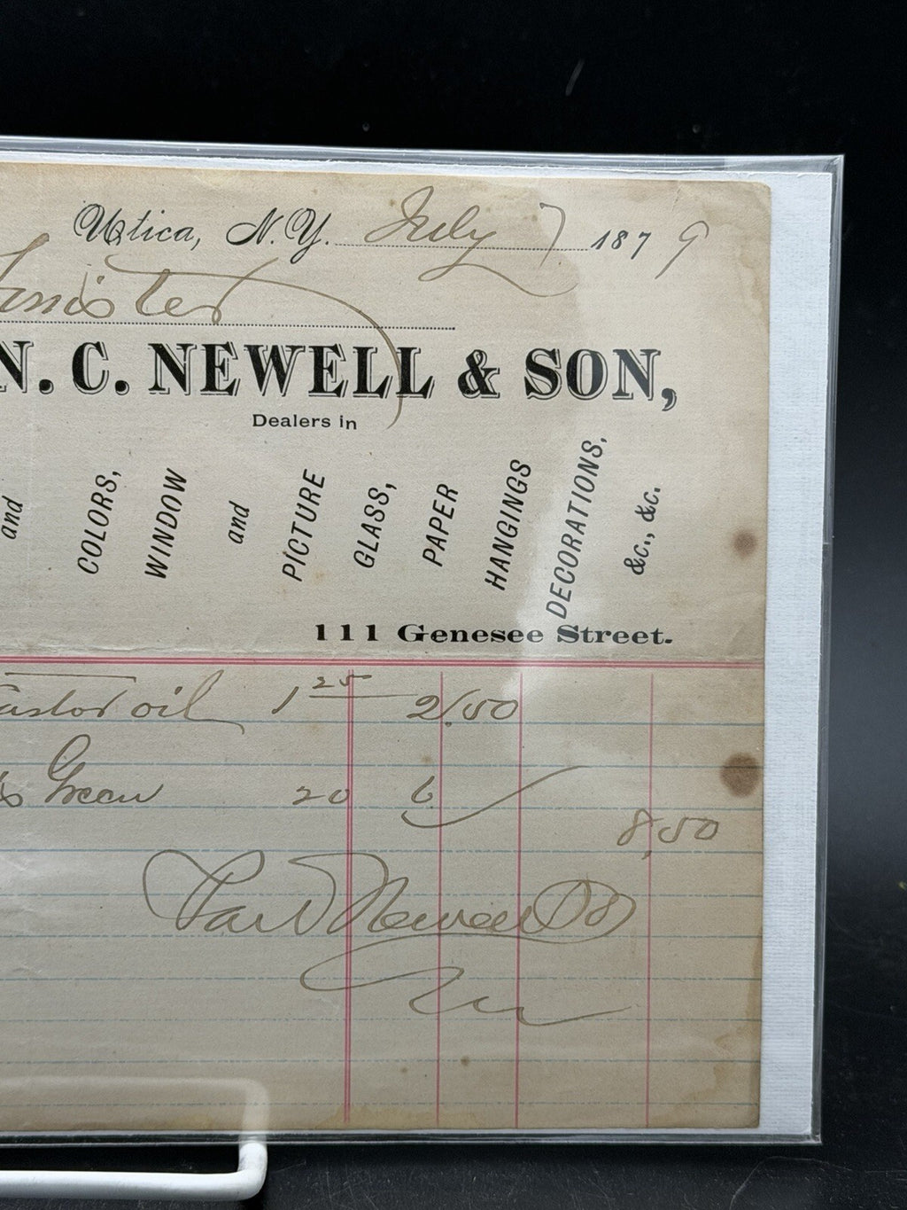 1879 N.C. Newell and Son Invoice – Utica NY Paint Glass Storefront Art Ephemera