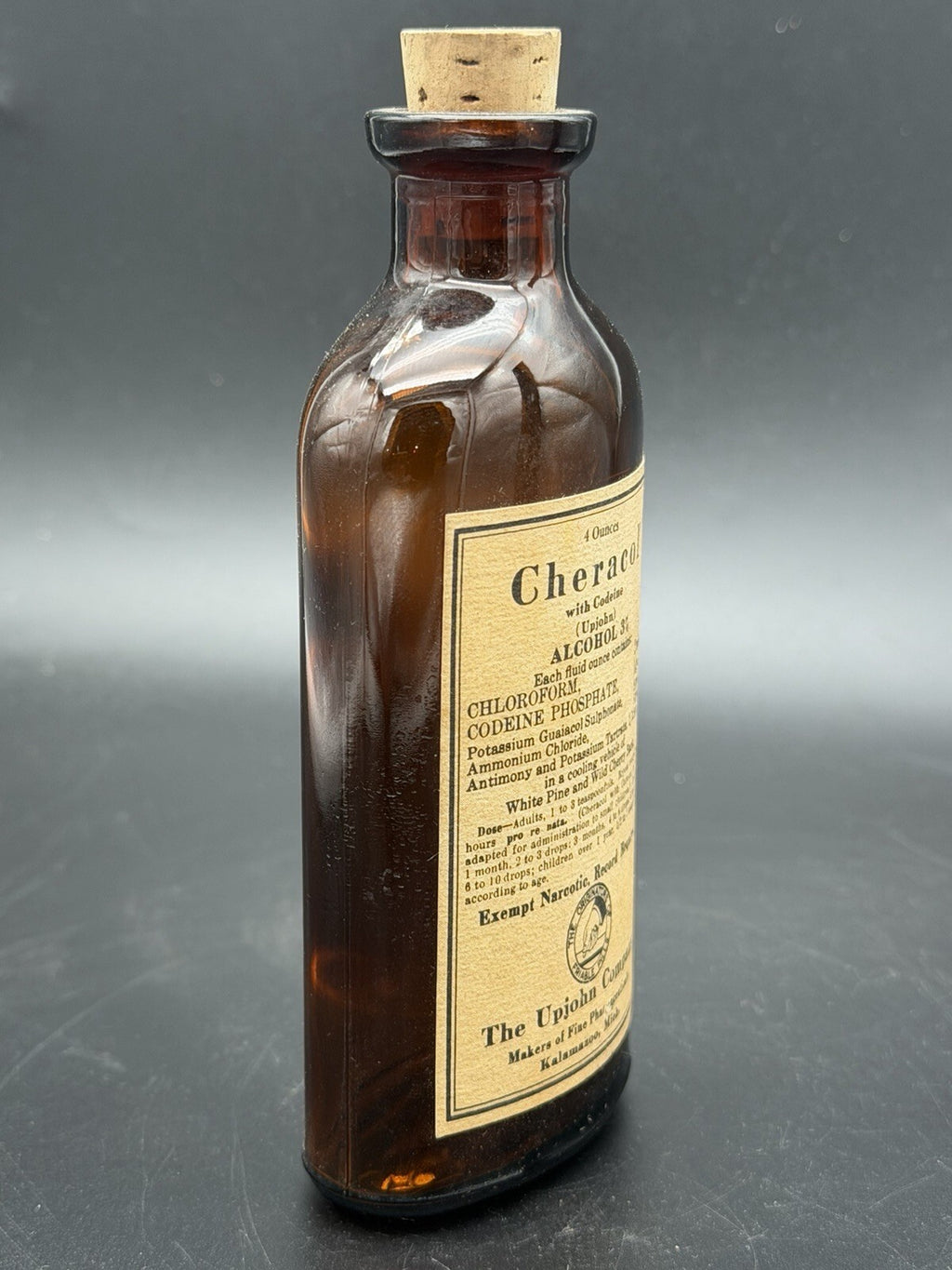 Vintage Upjohn Cheracol with Codeine 4 Oz Amber Medicine Bottle Original Label